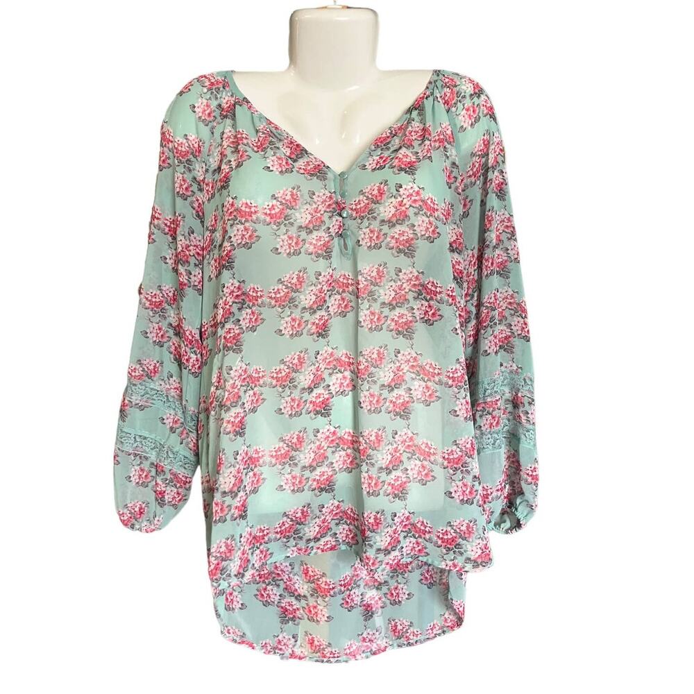 Lauren Conrad Women's Floral V-Neck Lightweight Semi-Sheer Long Slv Blouse SZ M